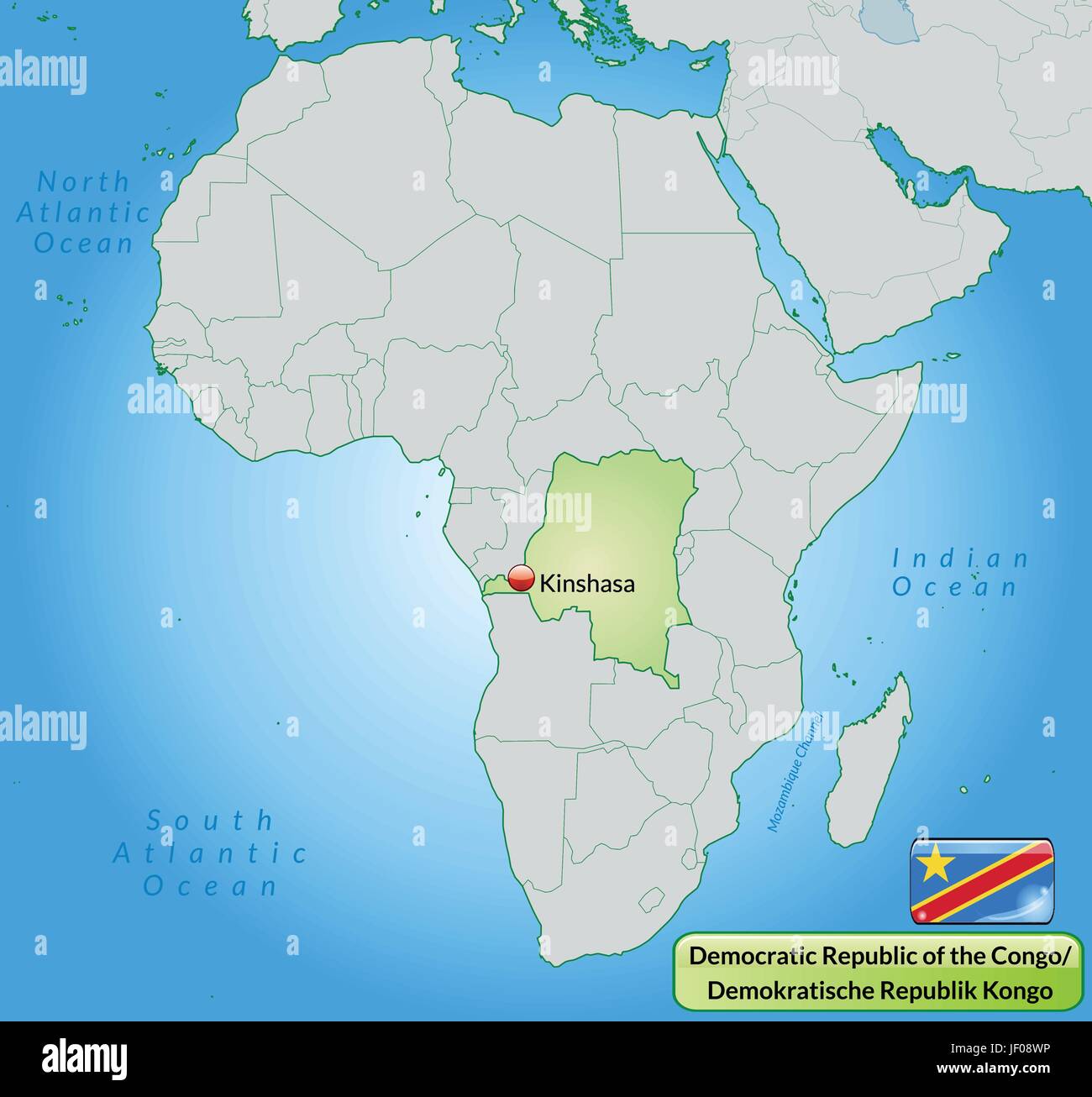 Carte de République démocratique du Congo avec les capitales en vert pastel Illustration de Vecteur