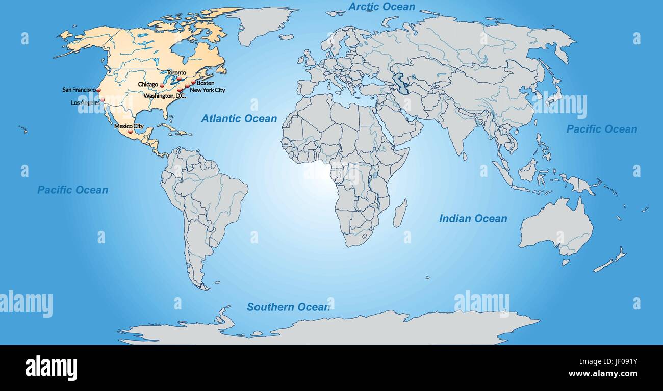 Carte de l'Amérique du Nord avec les capitales en orange pastel Illustration de Vecteur