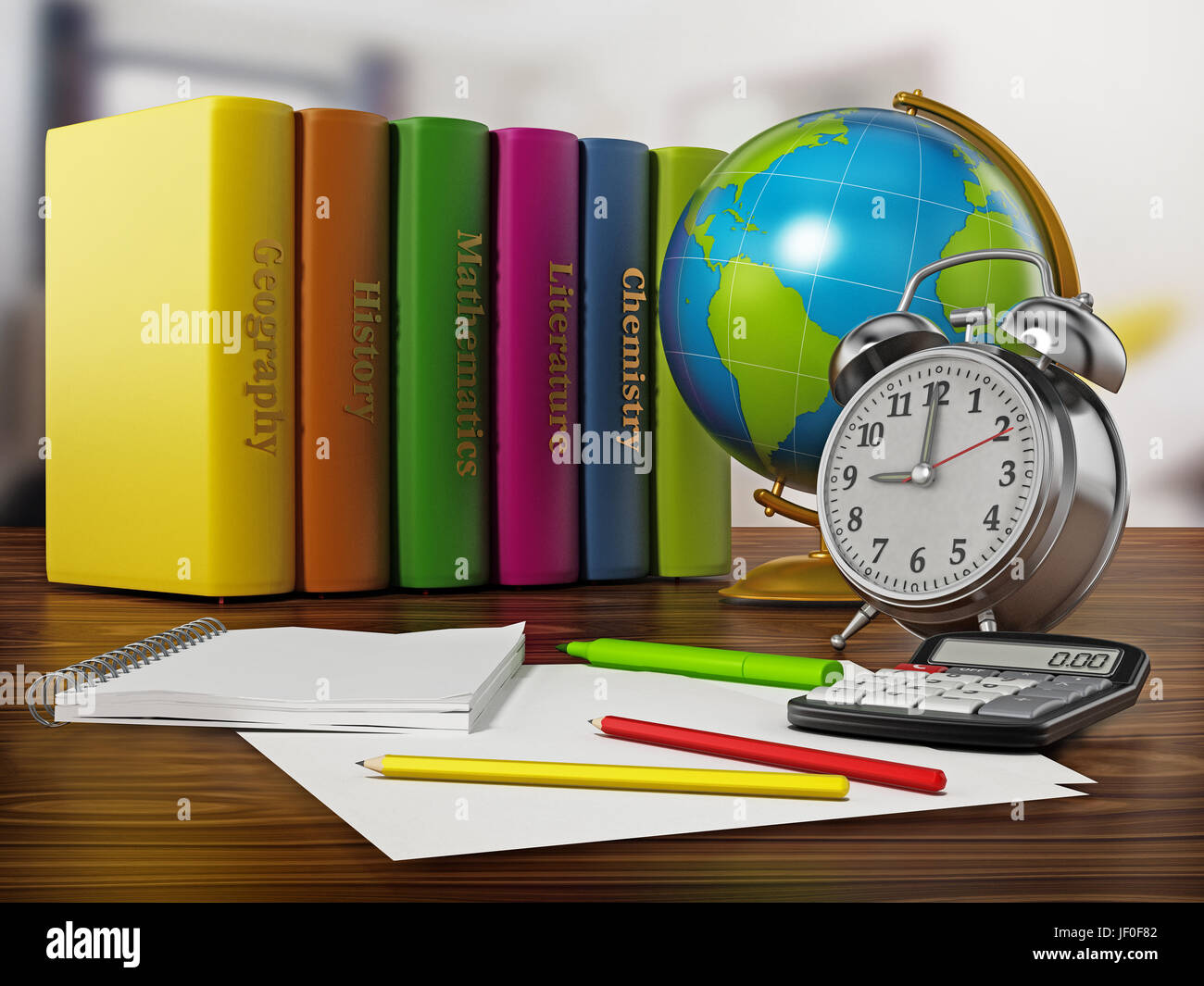 Globe, les livres scolaires, réveil et stylo sisolated sur fond blanc. 3D illustration. Banque D'Images