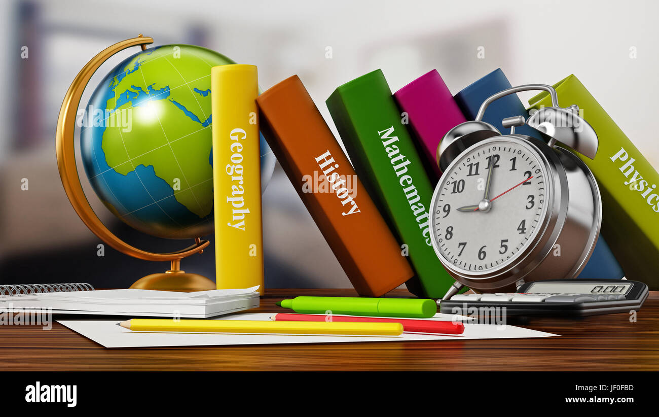 Globe, les livres scolaires, réveil et stylo sisolated sur fond blanc. 3D illustration. Banque D'Images