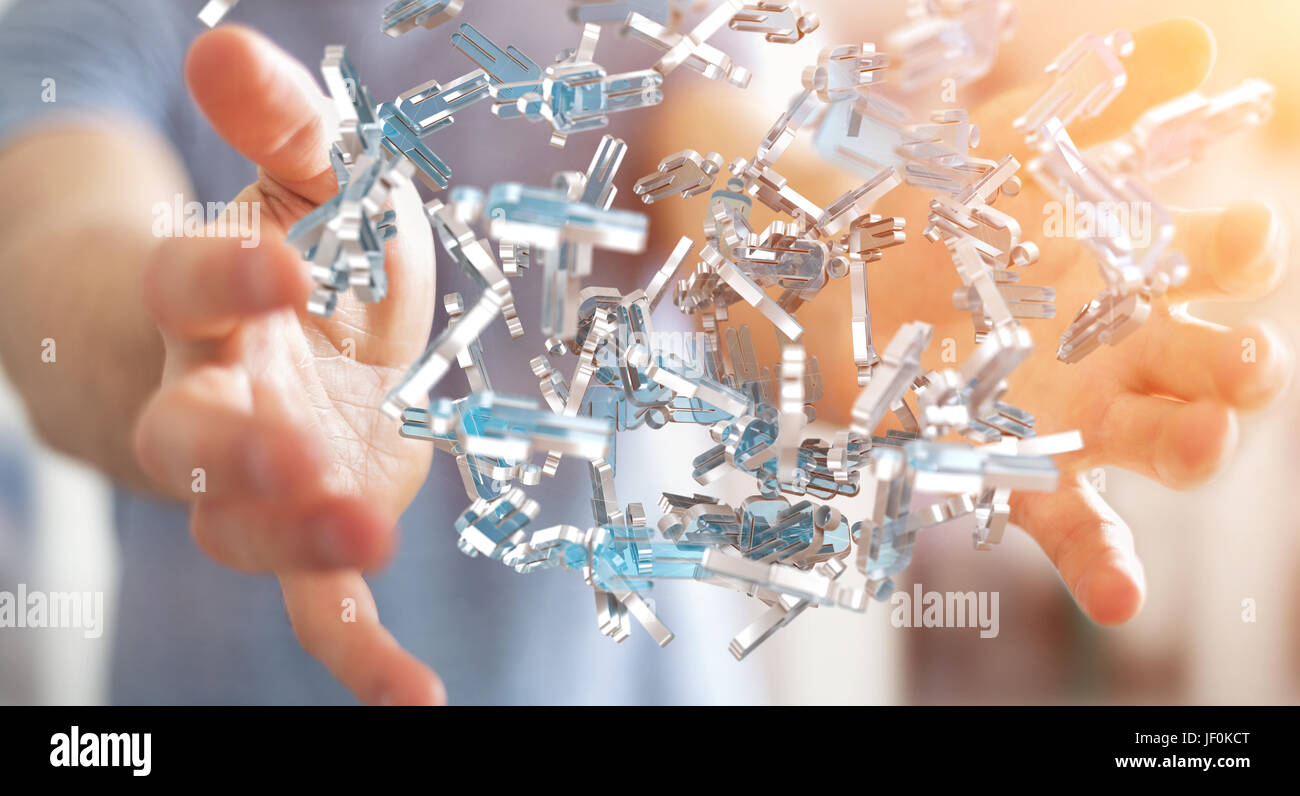 Businessman sur fond flou holding groupe rendu 3D des gens bleu Banque D'Images