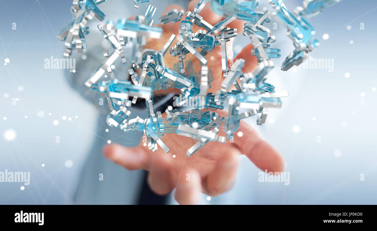 Businessman sur fond flou holding groupe rendu 3D des gens bleu Banque D'Images