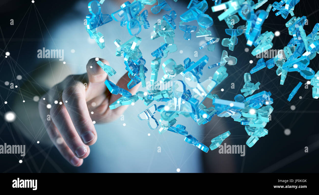 Businessman sur fond flou holding groupe rendu 3D des gens bleu Banque D'Images