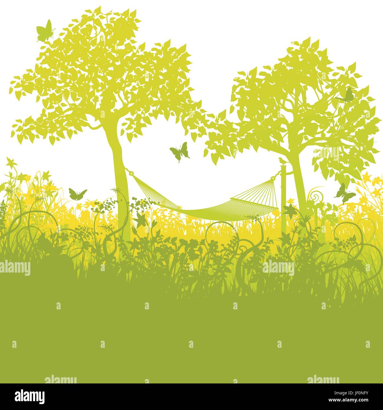 Hamac entre deux arbres dans le jardin Illustration de Vecteur