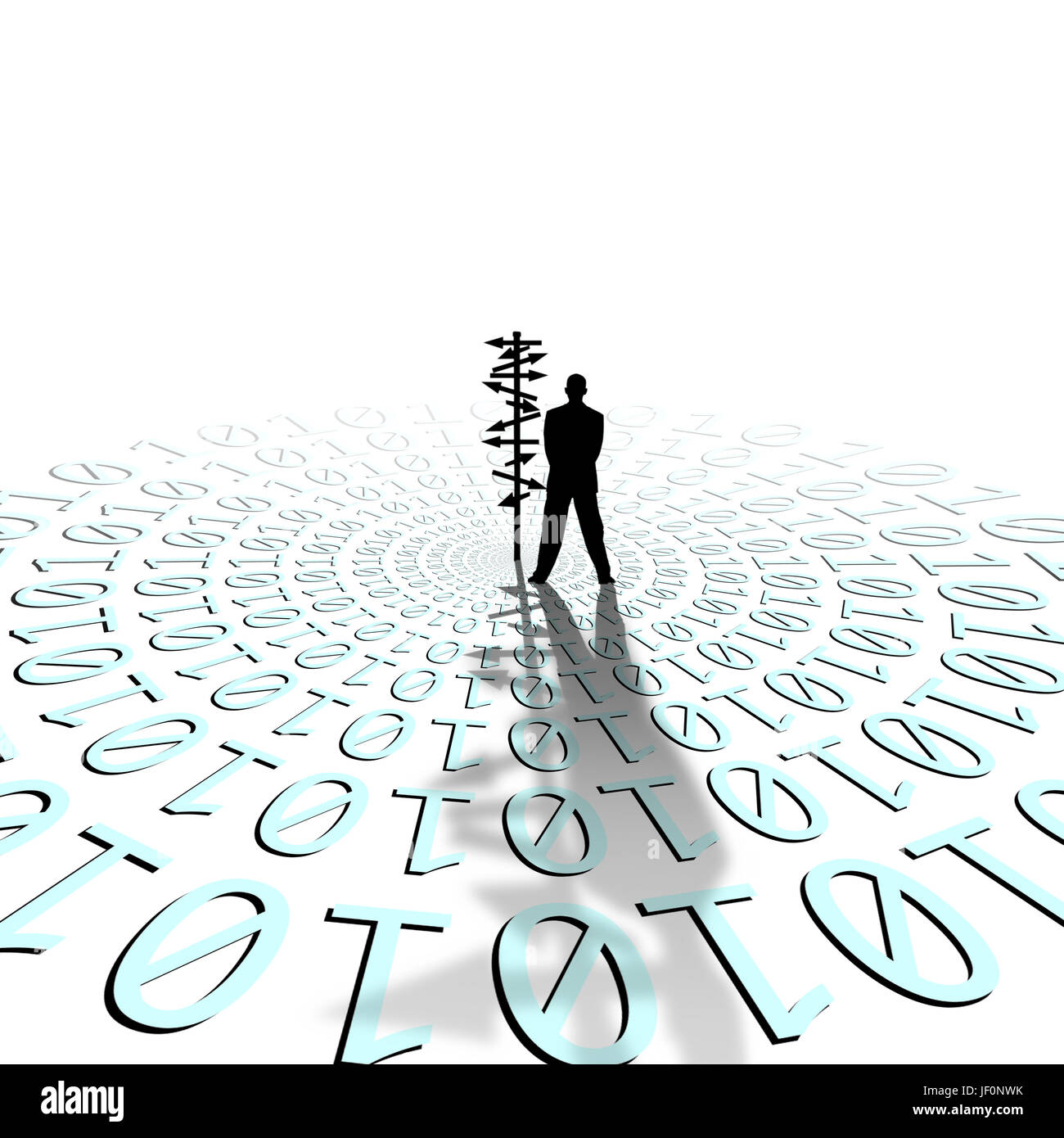 La silhouette de l'image conceptuelle signe directionnel et homme d'affaires sur la matrice du code binaire Banque D'Images