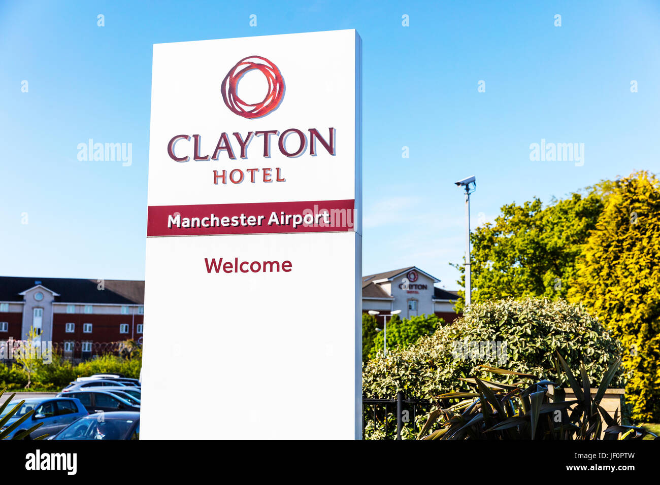 Clayton Hotel Manchester Airport, hôtel de Clayton, l'aéroport de Manchester, Manchester Airport Hotel, panneau de bienvenue, de la construction, de l'extérieur, extérieur, UK Banque D'Images