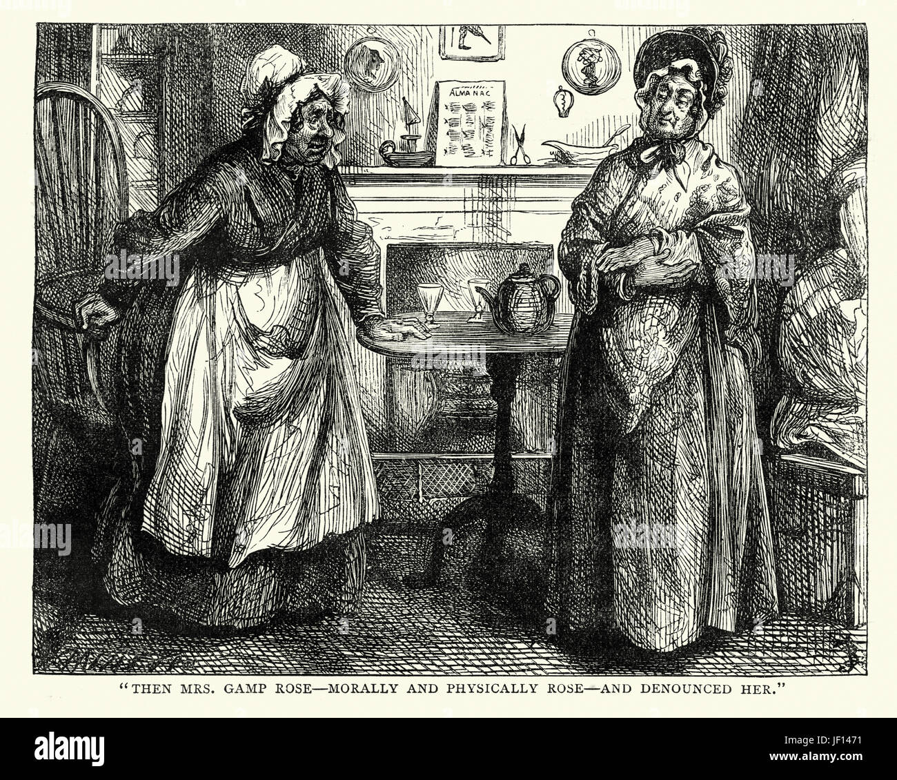 Illustration d'un Vintange scen à partir du roman de Charles Dickens, Martin Chuzzlewit. Le Mrs Gamp Rose - hausse - moralement et physiquement et dénoncé sa Banque D'Images