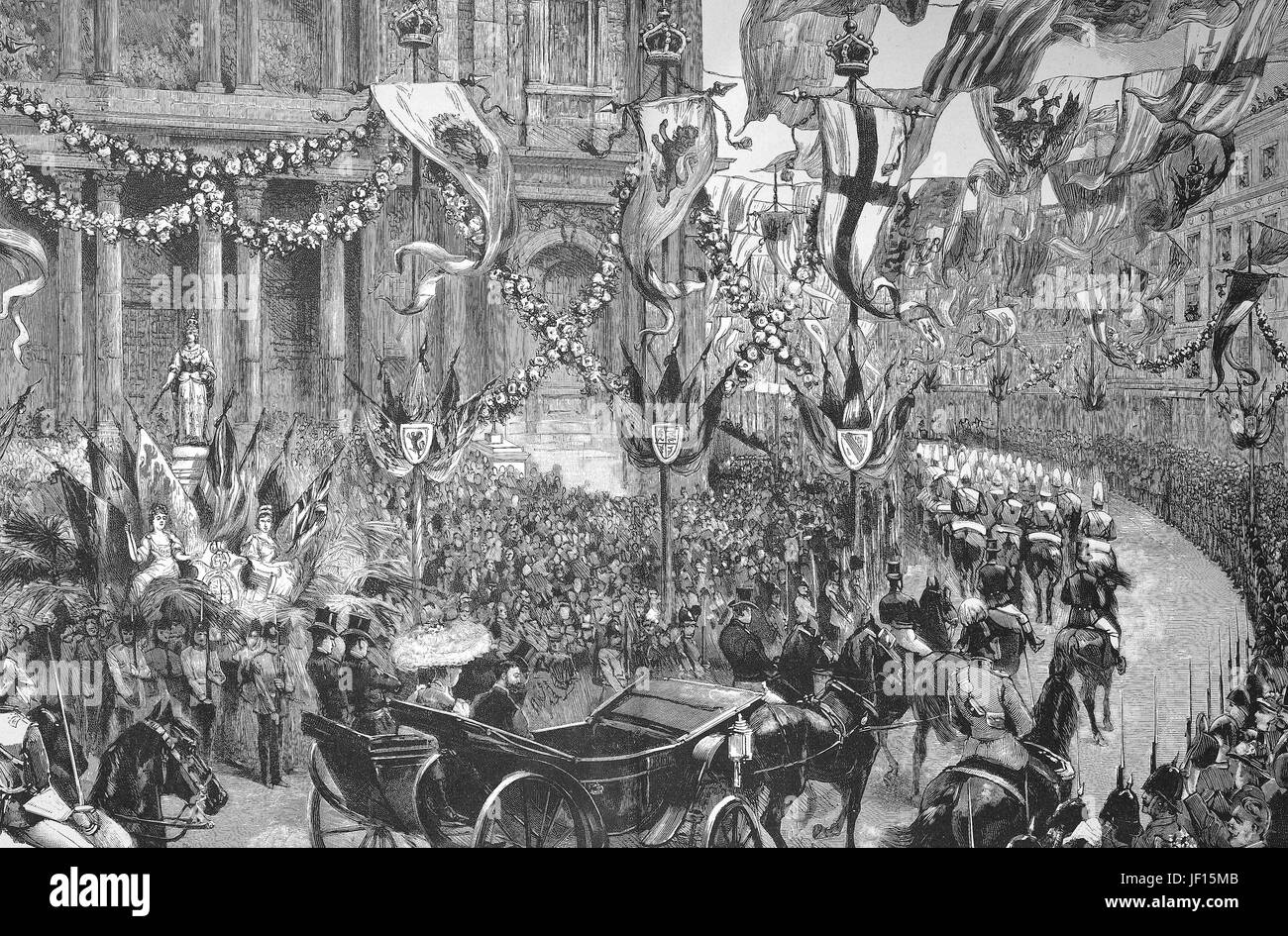 Illustration historique du mariage de Mary de Teck, Victoria Mary Augusta Louise Olga Pauline Claudine Agnes, 1867 - 1953, George V, George Frederick Ernest Albert, 1865 - 1936. cortège nuptial en face de l'église Saint-Paul, l'amélioration numérique reproduction à partir d'un tirage original de 1888 Banque D'Images