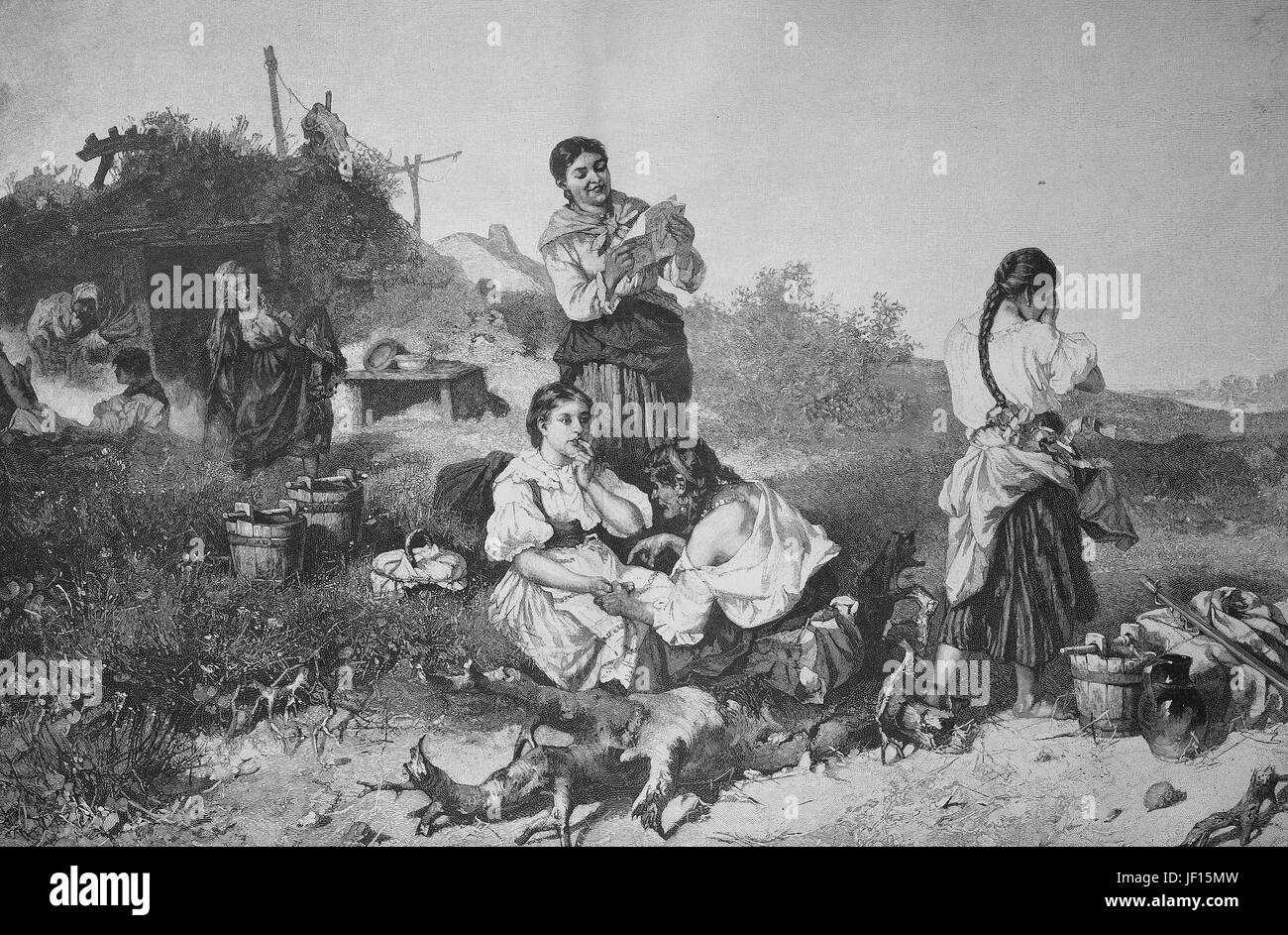 Illustration historique d'un Wahrsager, fortune-Teller, la divination, la pratique de la prévision d'informations sur la vie d'une personne. Femme, Gypsy Woman dans un petit village de Hongrie, l'amélioration numérique reproduction à partir d'un tirage original de 1888 Banque D'Images