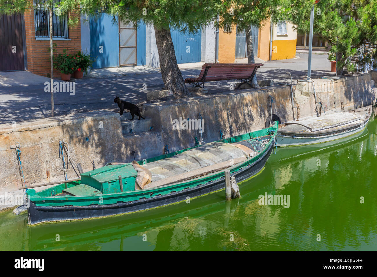 Petit bateau de pêche dans les canaux d'El Palmar dans La Abufera National Park, Espagne Banque D'Images