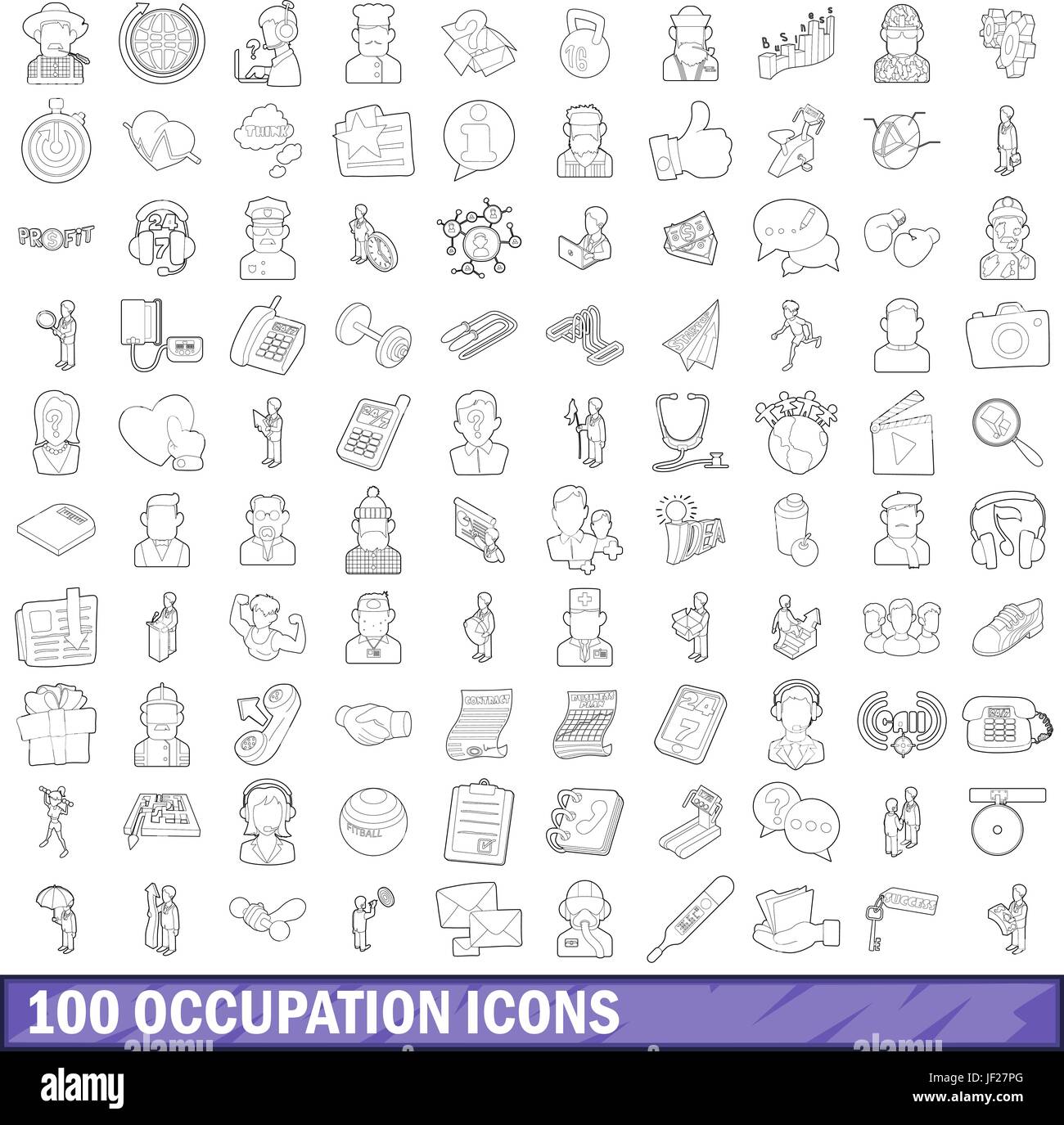 100 l'occupation icons set style du contour, Illustration de Vecteur