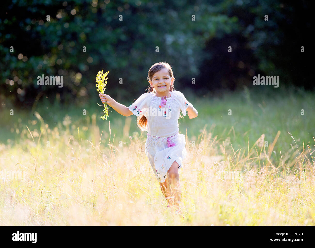 Petite fille heureuse avec les tresses serrées portant blouse roumaine traditionnelle fonctionne en dehors de Banque D'Images