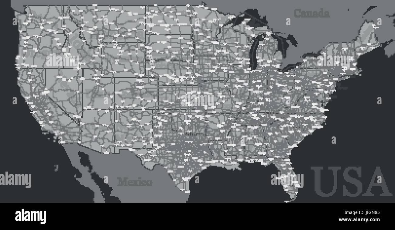 Haut de scénario précis détaillé exact, États-Unis d'Amérique, american route, autoroute plan avec l'étiquetage. Situation géographique monochrome noir et blanc admini Illustration de Vecteur