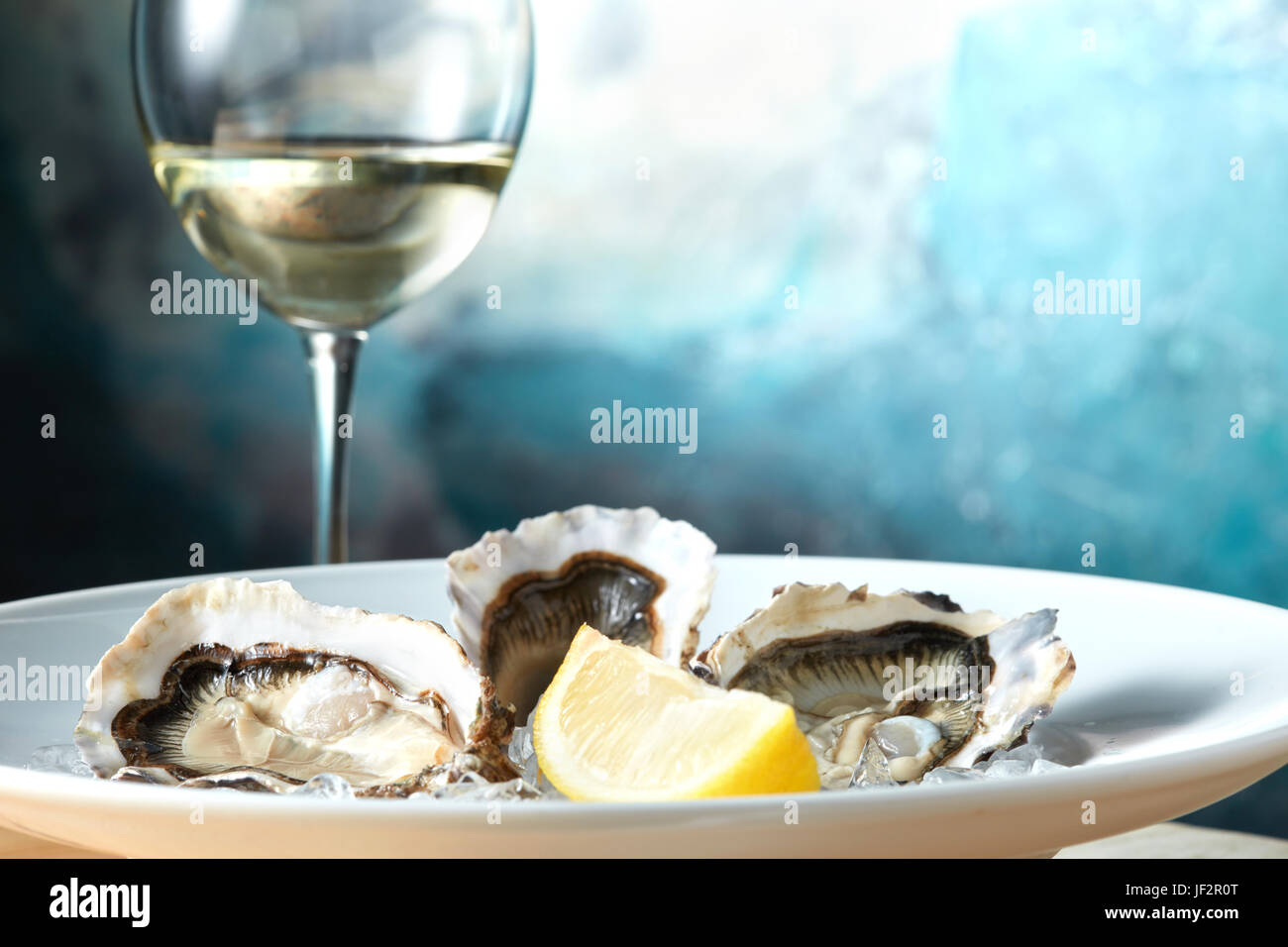 Les huîtres dans une assiette blanche avec du citron Banque D'Images