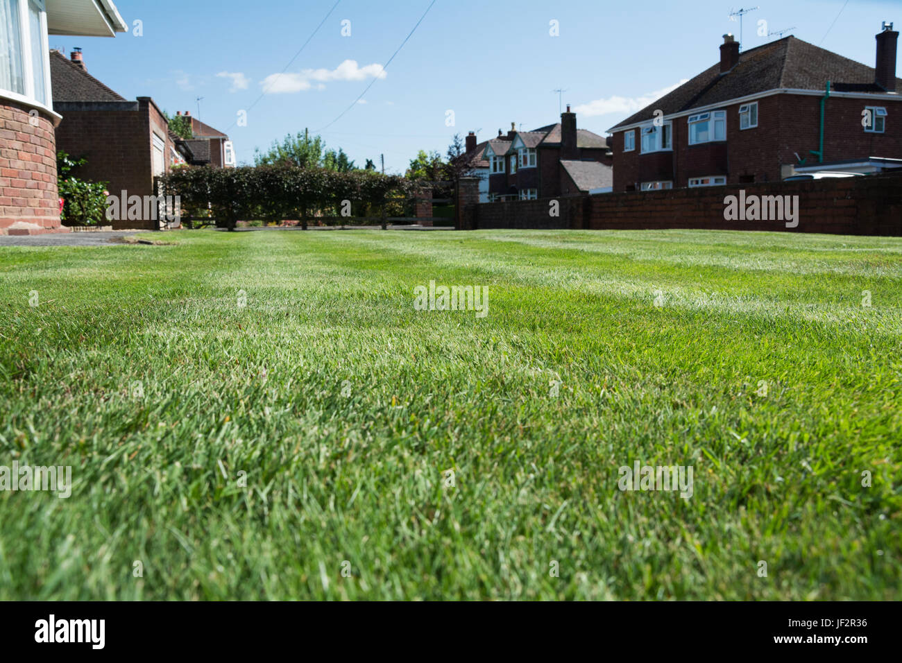 Un jardin avant de tondre fraîchement sur une journée d'été ensoleillée dans le Shropshire, au Royaume-Uni. Banque D'Images