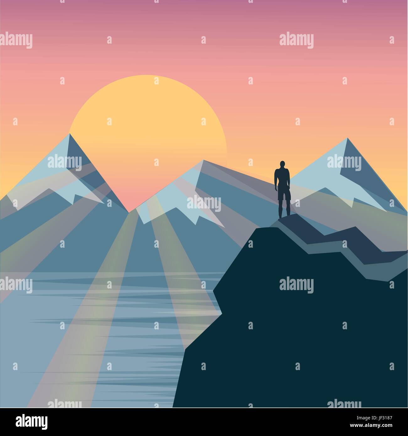 L'homme sur le haut de la colline regardant des merveilleux paysages de montagne en été, lever du soleil couleurs Illustration de Vecteur