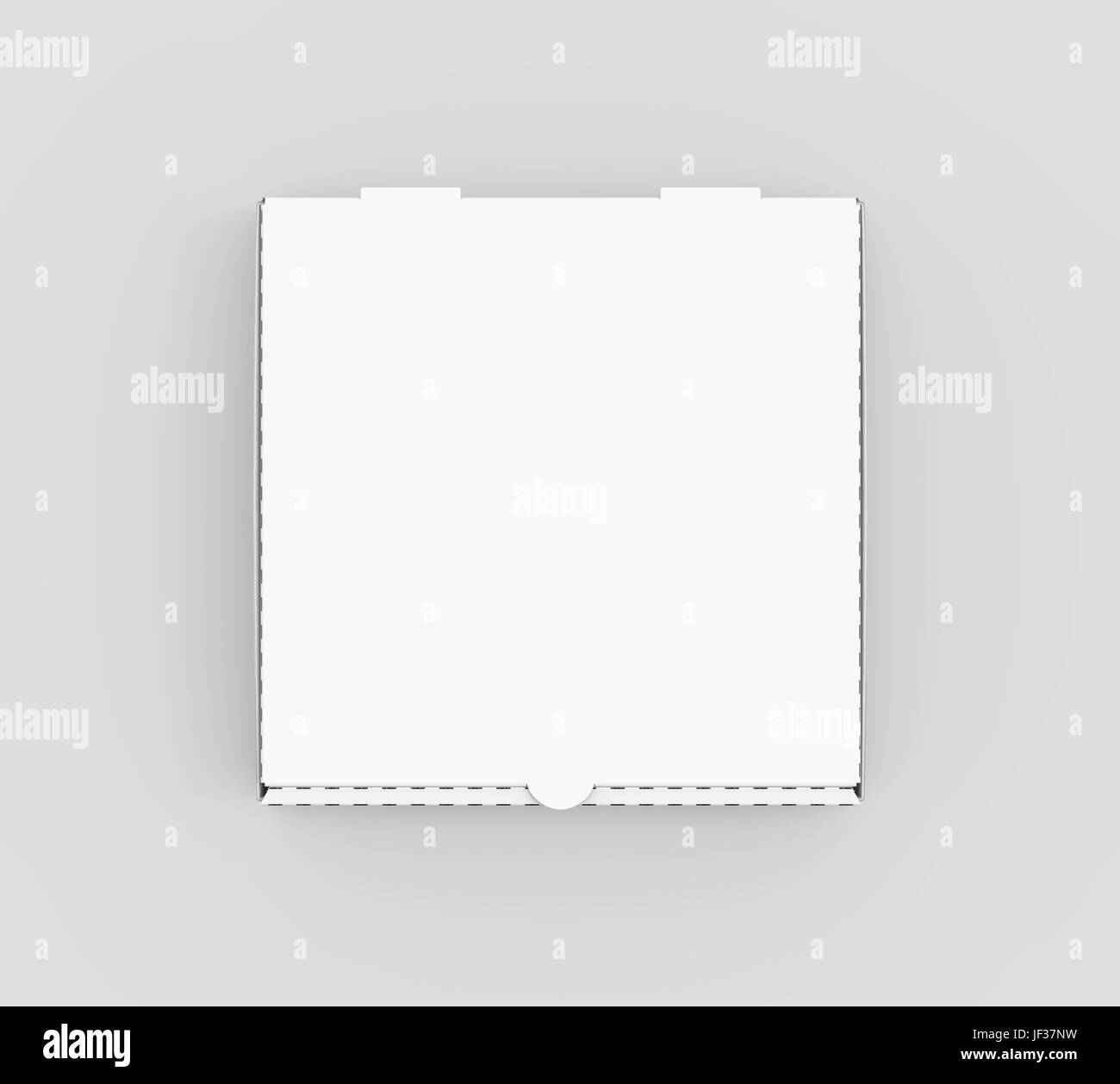 Le rendu 3D boîte à pizza fermé blanc vide isolé, fond gris clair top view Banque D'Images
