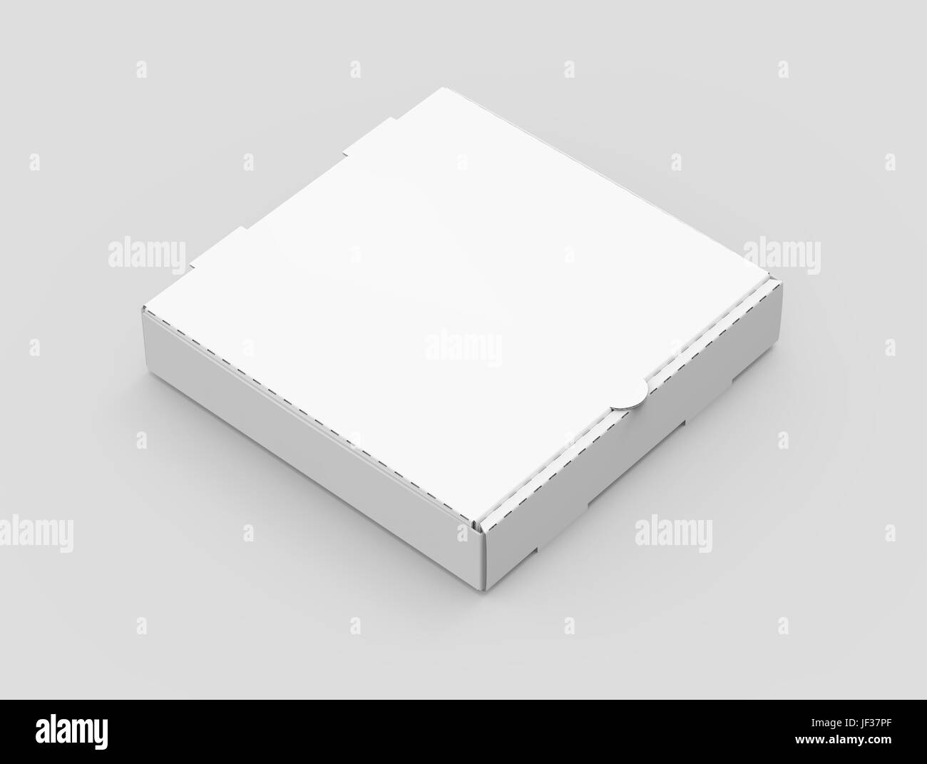 Le rendu 3d'inclinaison droite blanc vide boîte à pizza fermé, isolé fond gris clair elevated view Banque D'Images