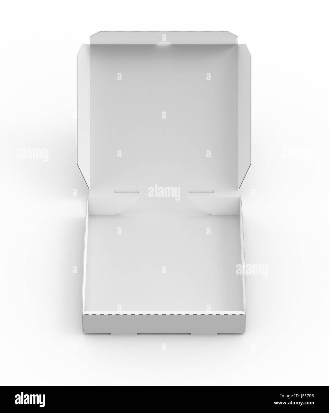 Le rendu 3D White blank ouvrir boîte à pizza, isolé sur fond blanc elevated view Banque D'Images