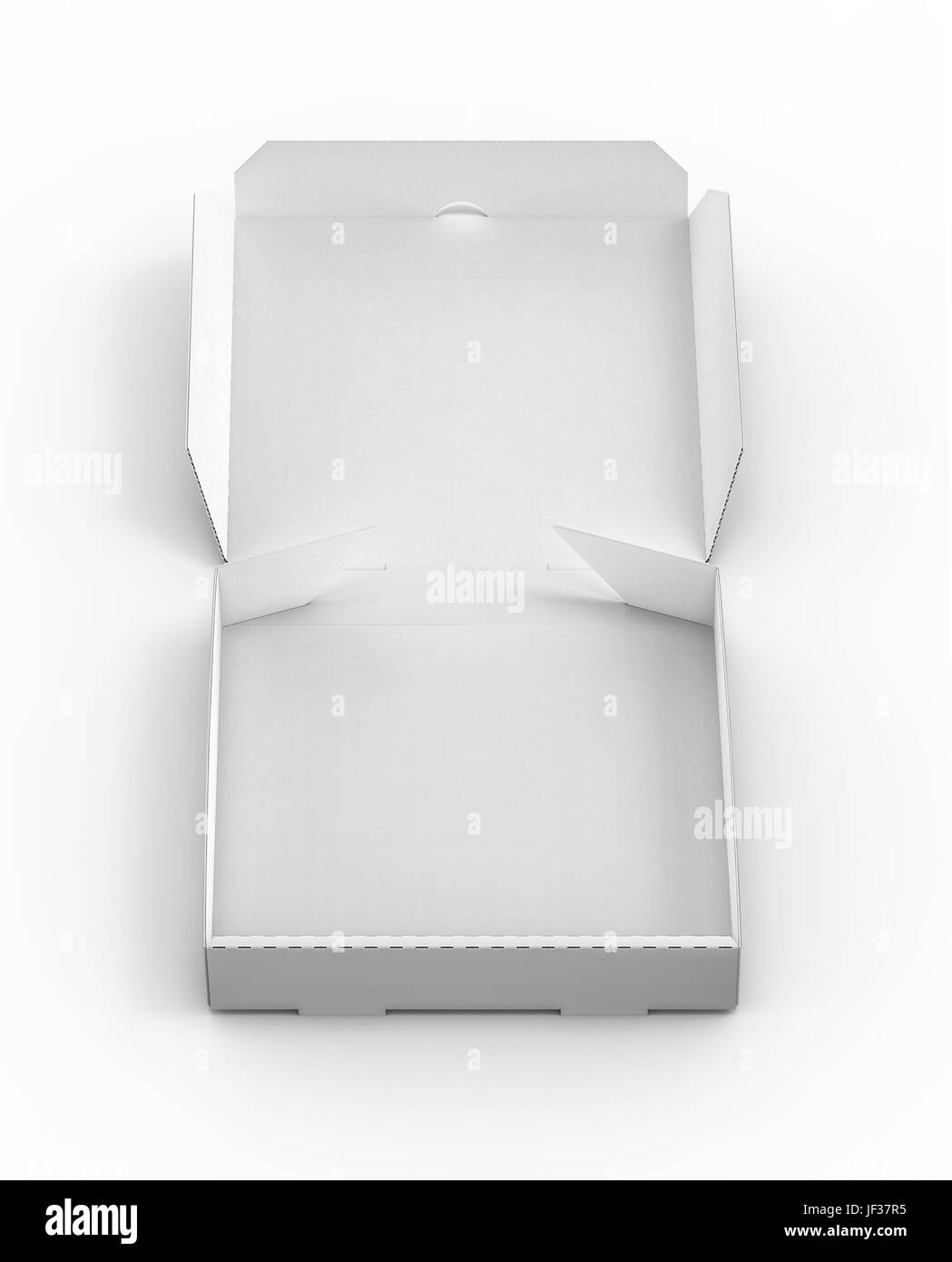 Le rendu 3D White blank ouvrir boîte à pizza, isolé sur fond blanc elevated view Banque D'Images