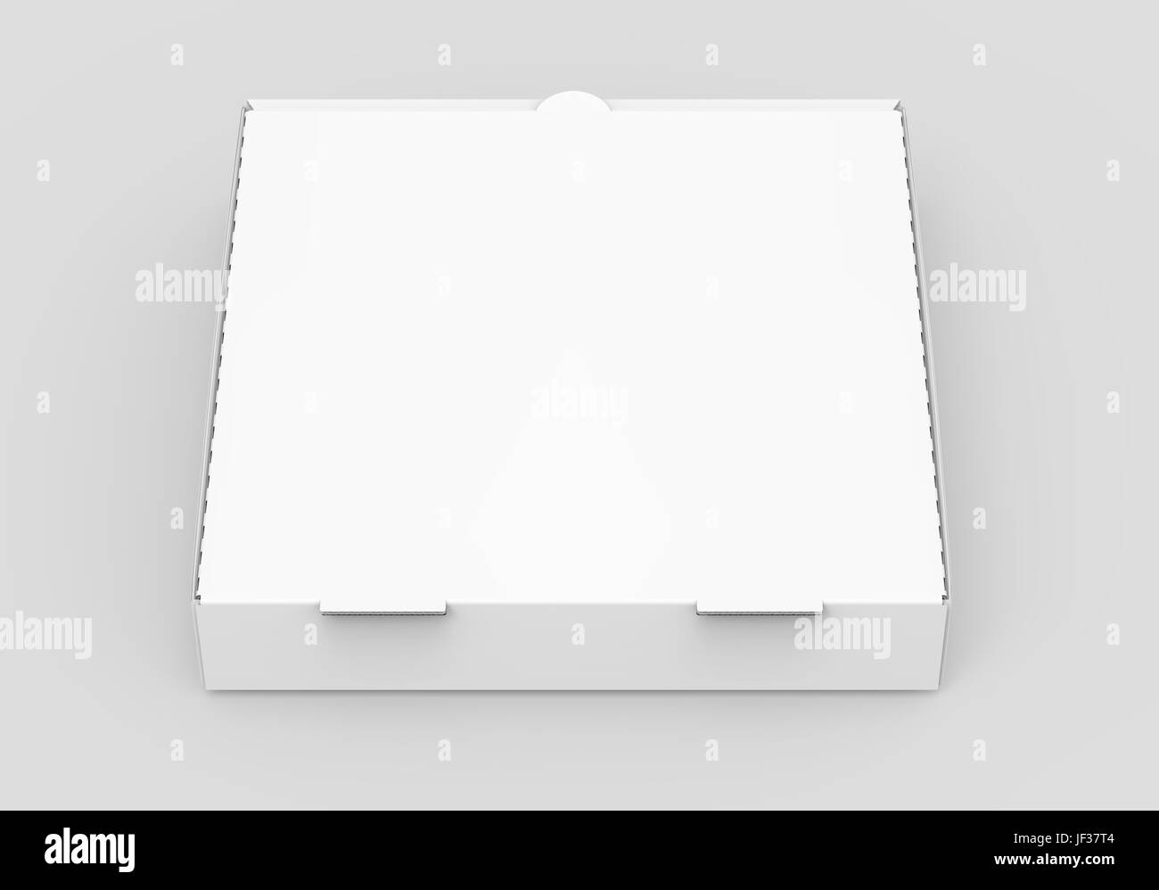 Le rendu 3D boîte à pizza fermé blanc vide isolé, fond gris clair elevated view Banque D'Images