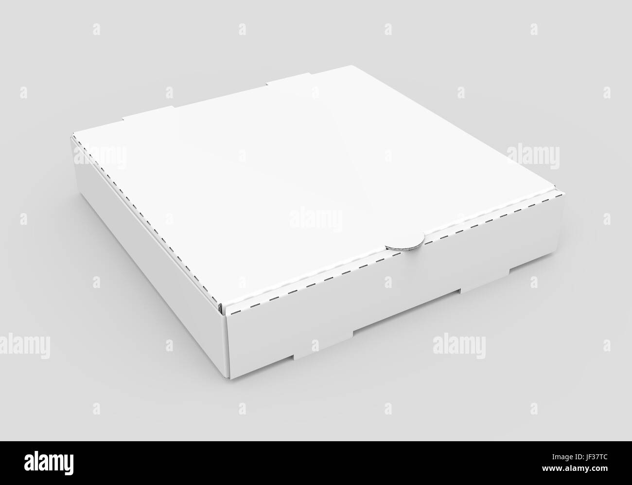 Le rendu 3d'inclinaison droite blanc vide boîte à pizza fermé, isolé fond gris clair elevated view Banque D'Images