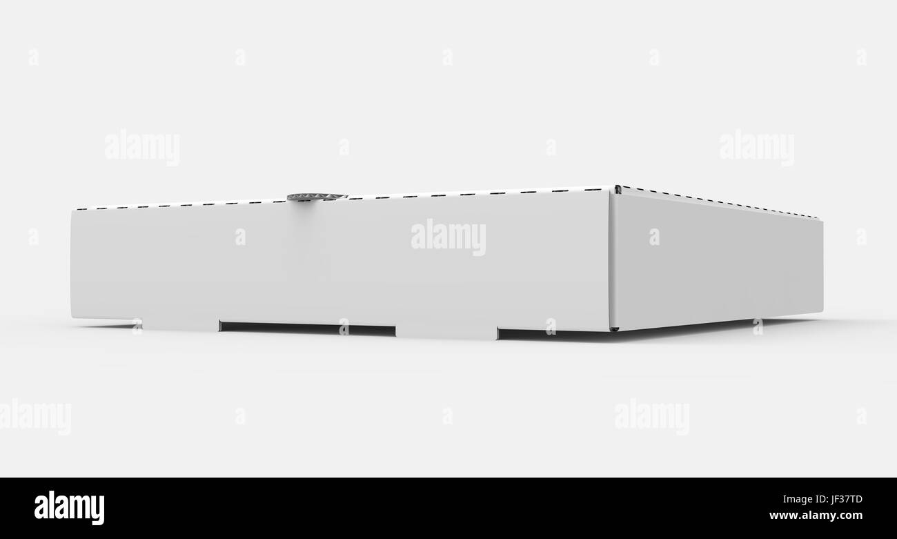 Le rendu 3d'inclinaison gauche blanc vide boîte à pizza fermé, isolé sur fond blanc Vue de côté Banque D'Images