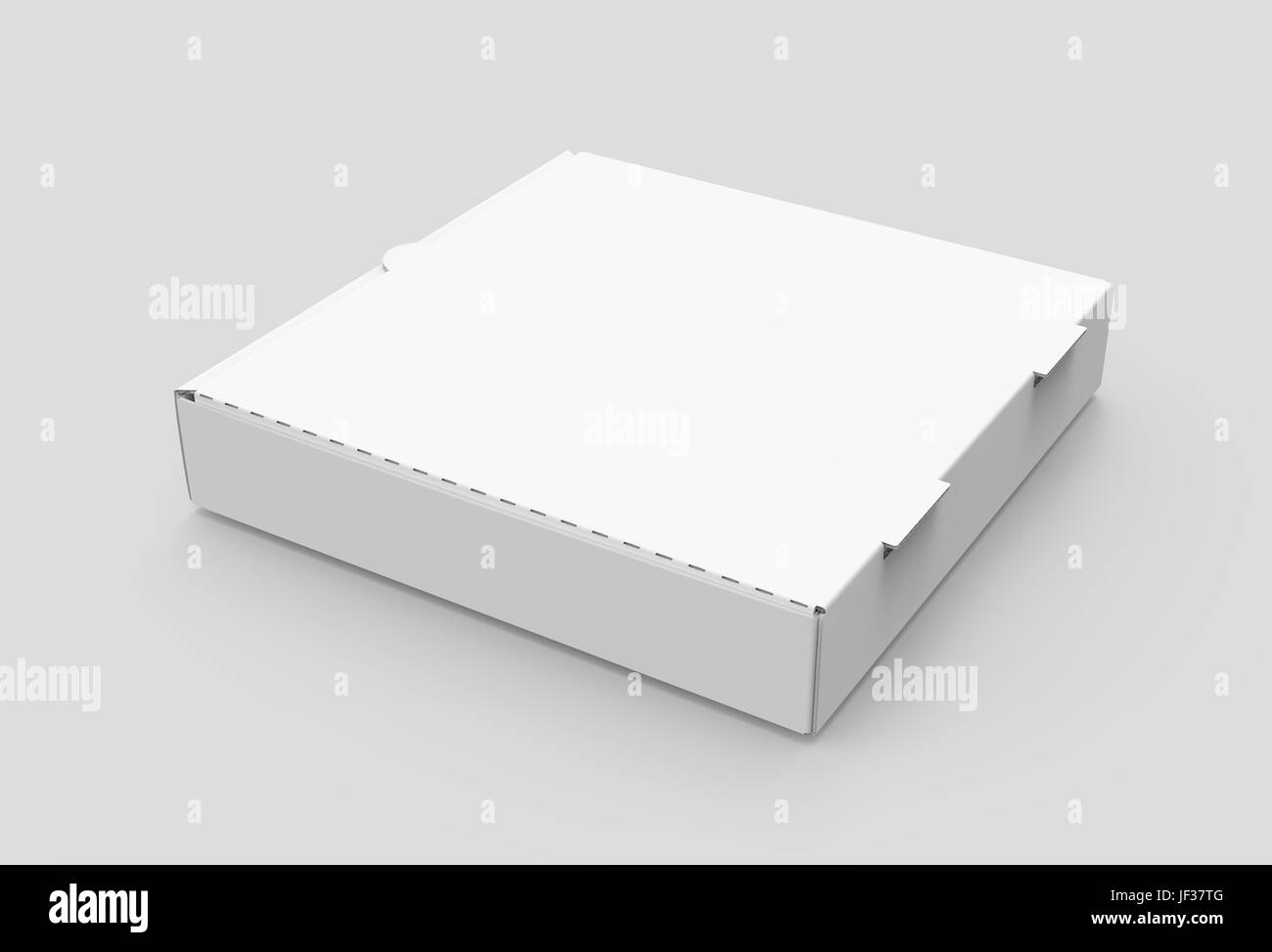 Le rendu 3d'inclinaison gauche blanc vide boîte à pizza fermé, isolé fond gris clair elevated view Banque D'Images