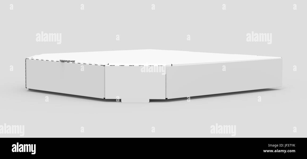Le rendu 3d'inclinaison gauche blanc vide boîte à pizza fermé, isolé, vue latérale sur fond gris Banque D'Images
