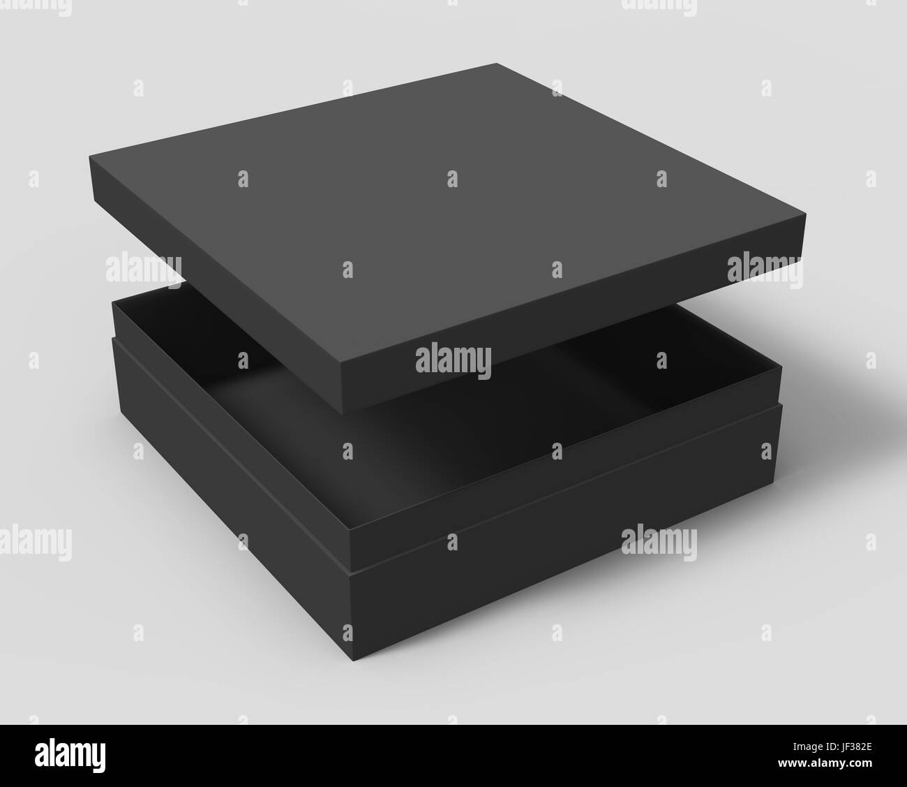 Vierge noire papier filé ouvrir boîte avec couvercle flottant, fond gris isolé, rendu 3D View Banque D'Images