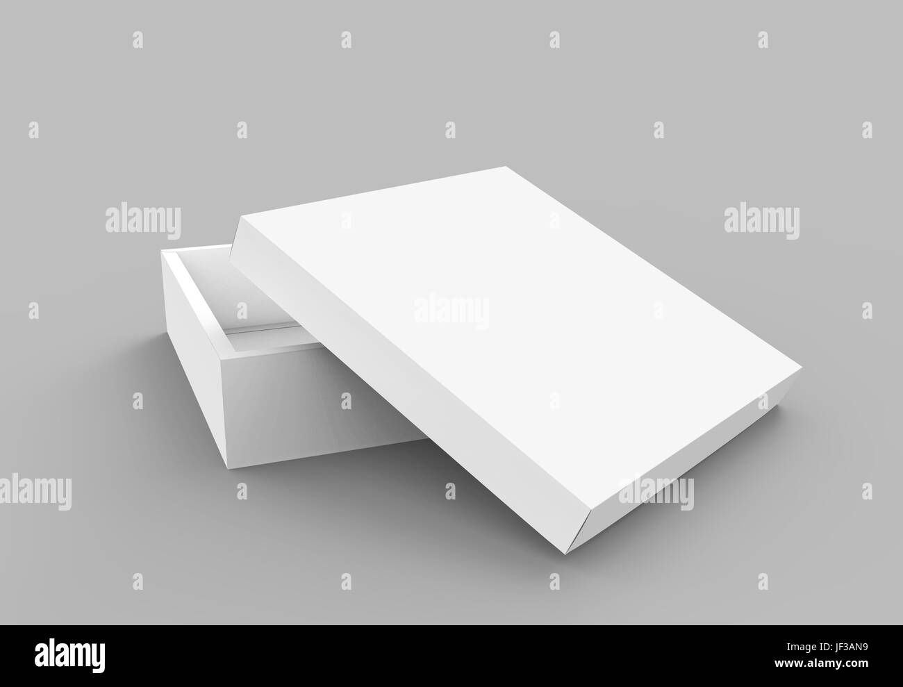 Rendu 3D télévision vide spun ouvrir légèrement la boîte carrée blanc vide avec couvercle séparé, isolé fond gris elevated view Banque D'Images