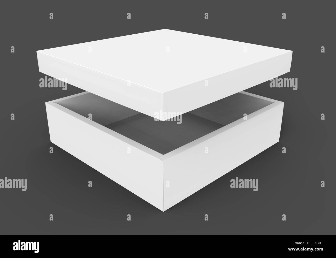 Rendu 3D télévision vierge ouvrir légèrement filé blanc vide boîte carrée avec couvercle flottant, isolé sur fond gris foncé elevated view Banque D'Images