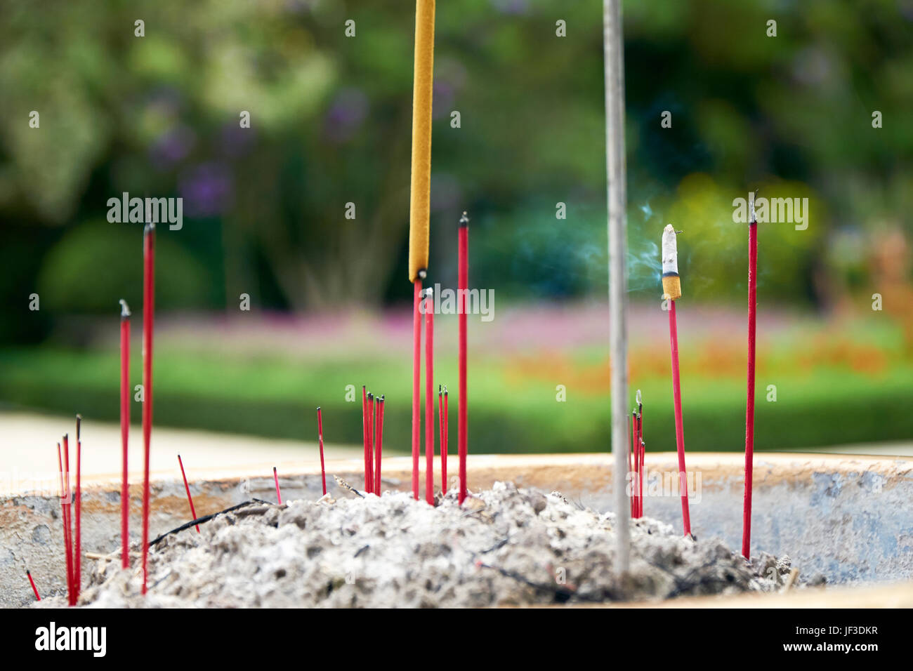 La combustion d'encens rouge en face d'un temple bouddhiste avec fleurs flou en arrière-plan. Banque D'Images