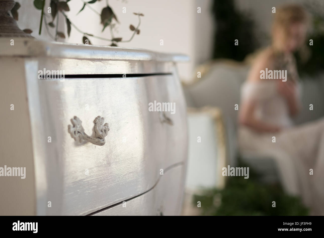 Commode vintage avec les fleurs dans le luxe de l'intérieur blanc brillant Banque D'Images