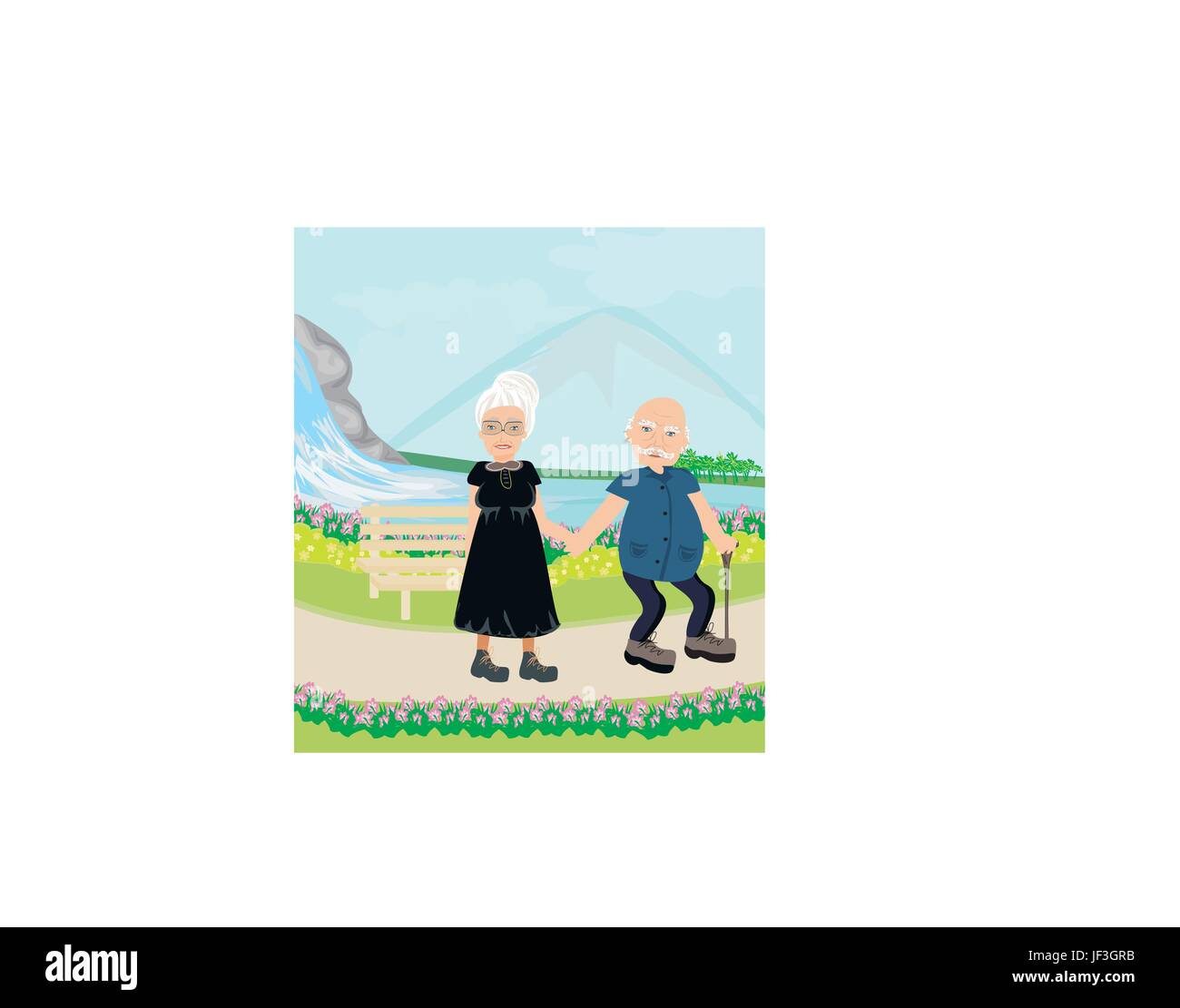 Senior couple walking in a sunny day Illustration de Vecteur