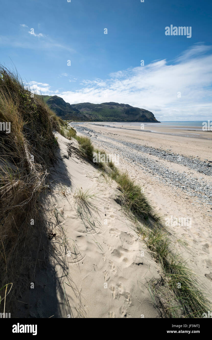 Morfa Conwy plage avec Penmaen point Bach dans la distance Banque D'Images