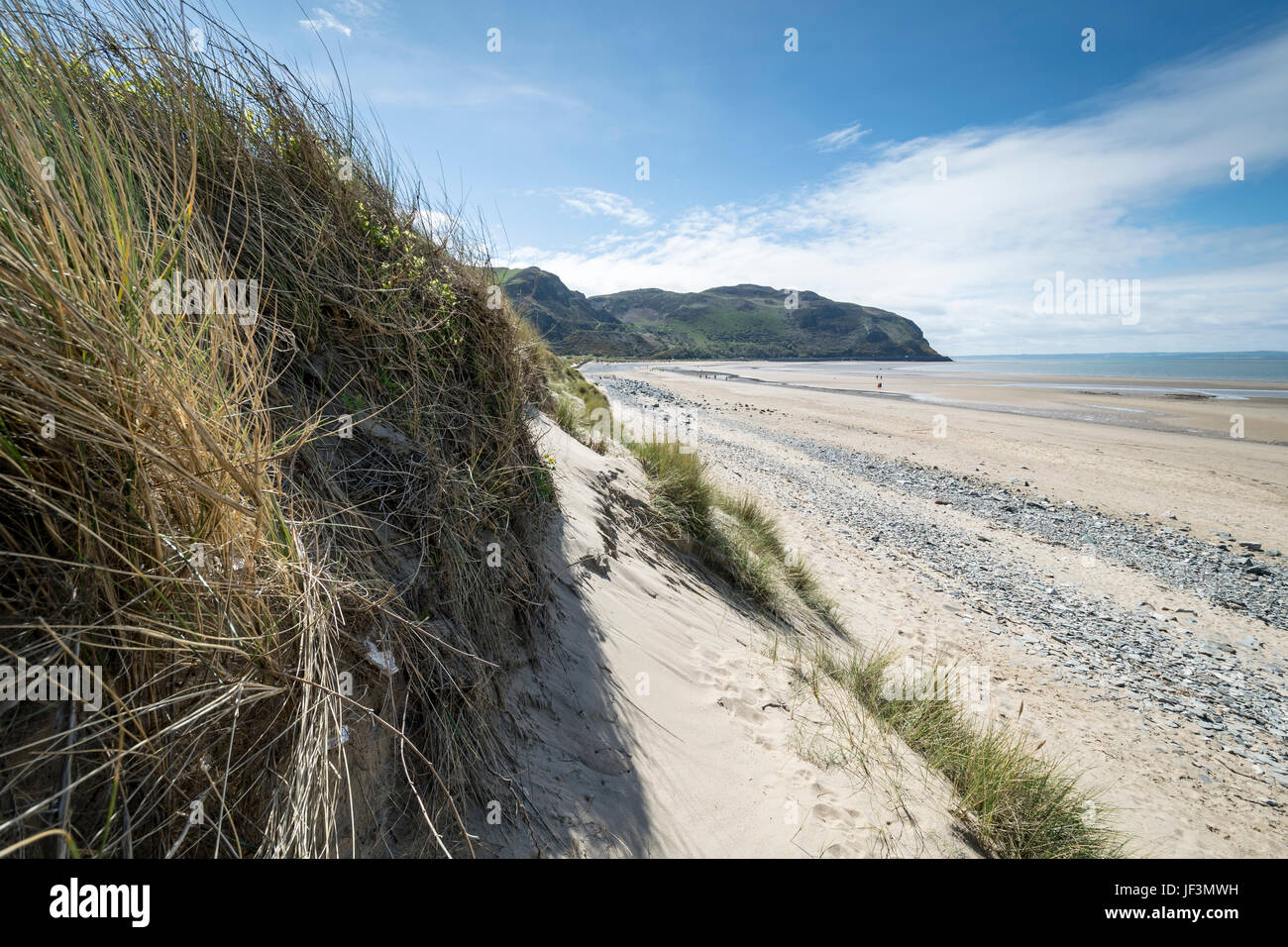 Morfa Conwy plage avec Penmaen point Bach dans la distance Banque D'Images