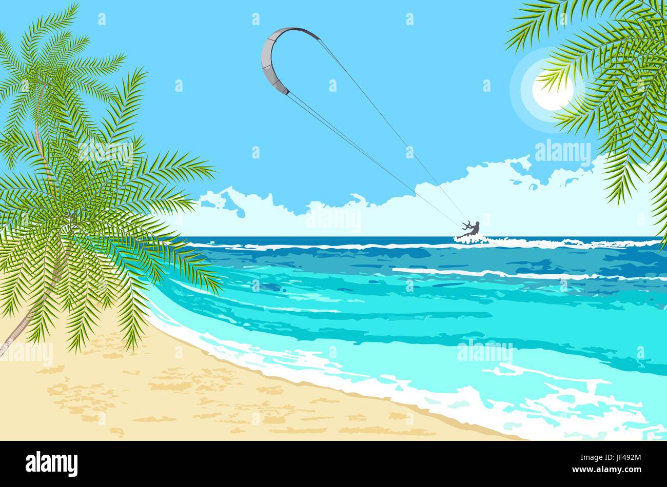 Paysage de bord de mer de palmiers et cerf-volant. L'été de kitesurf sur fond de mer tropicale sports nautiques. Illustration de Vecteur
