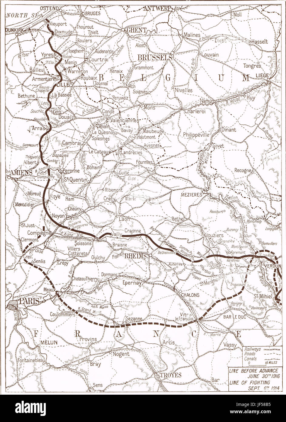 Front de l'Ouest la carte, offensive de la Somme, 1916 Banque D'Images