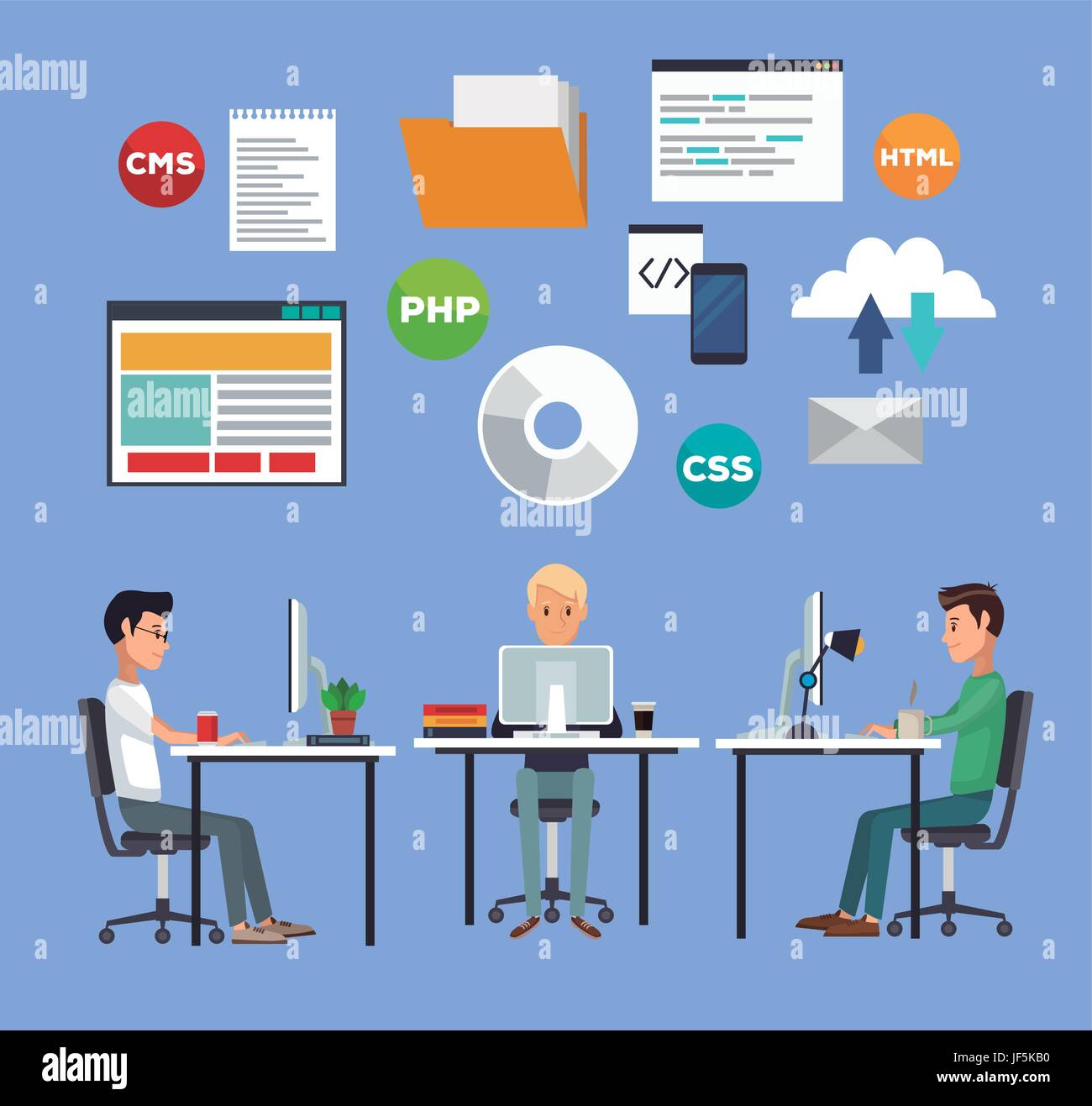 Fond de couleur avec Web developer group des hommes dans 24 langues de programmation Illustration de Vecteur