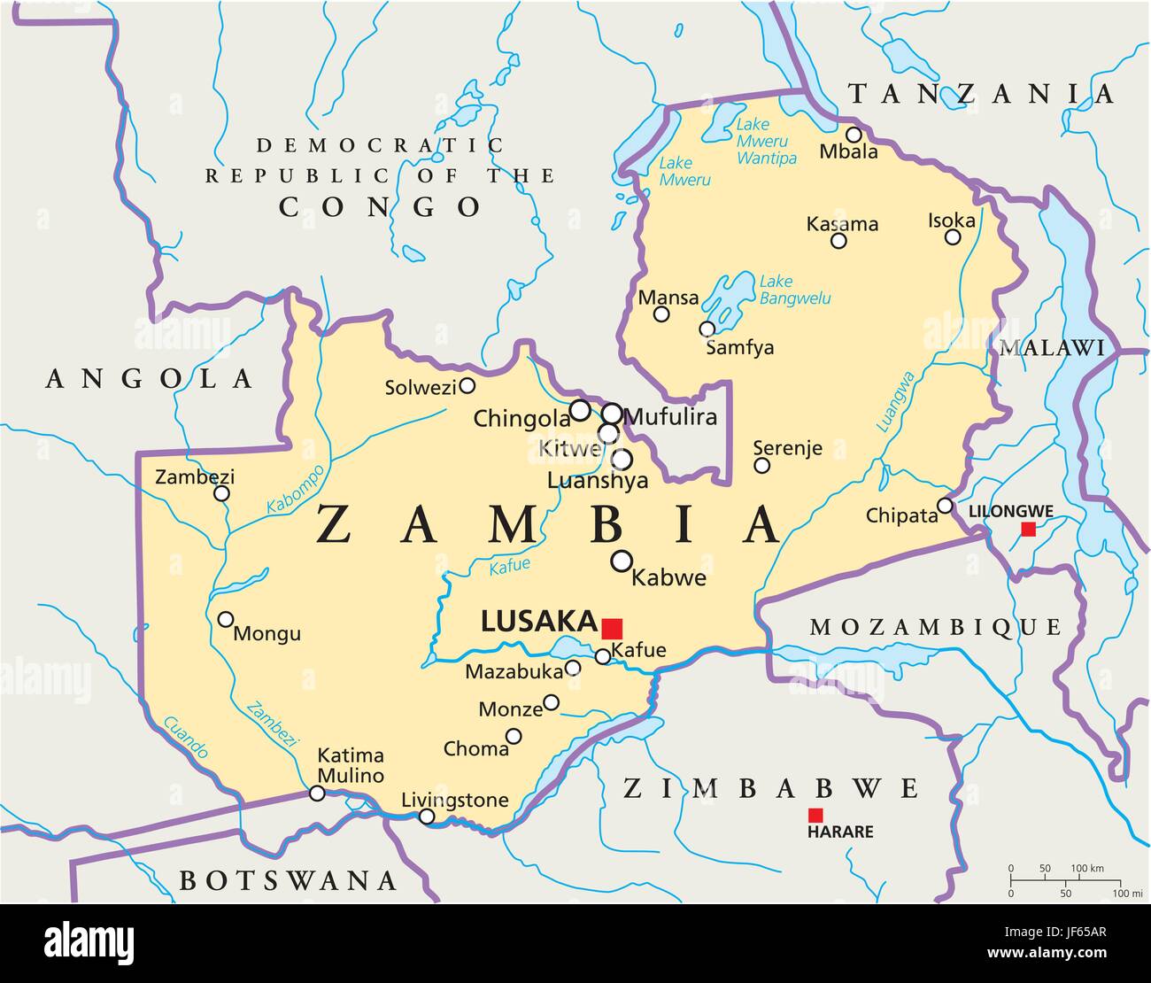 La Zambie, carte, atlas, carte du monde, politique, Afrique, pays, république, Illustration de Vecteur
