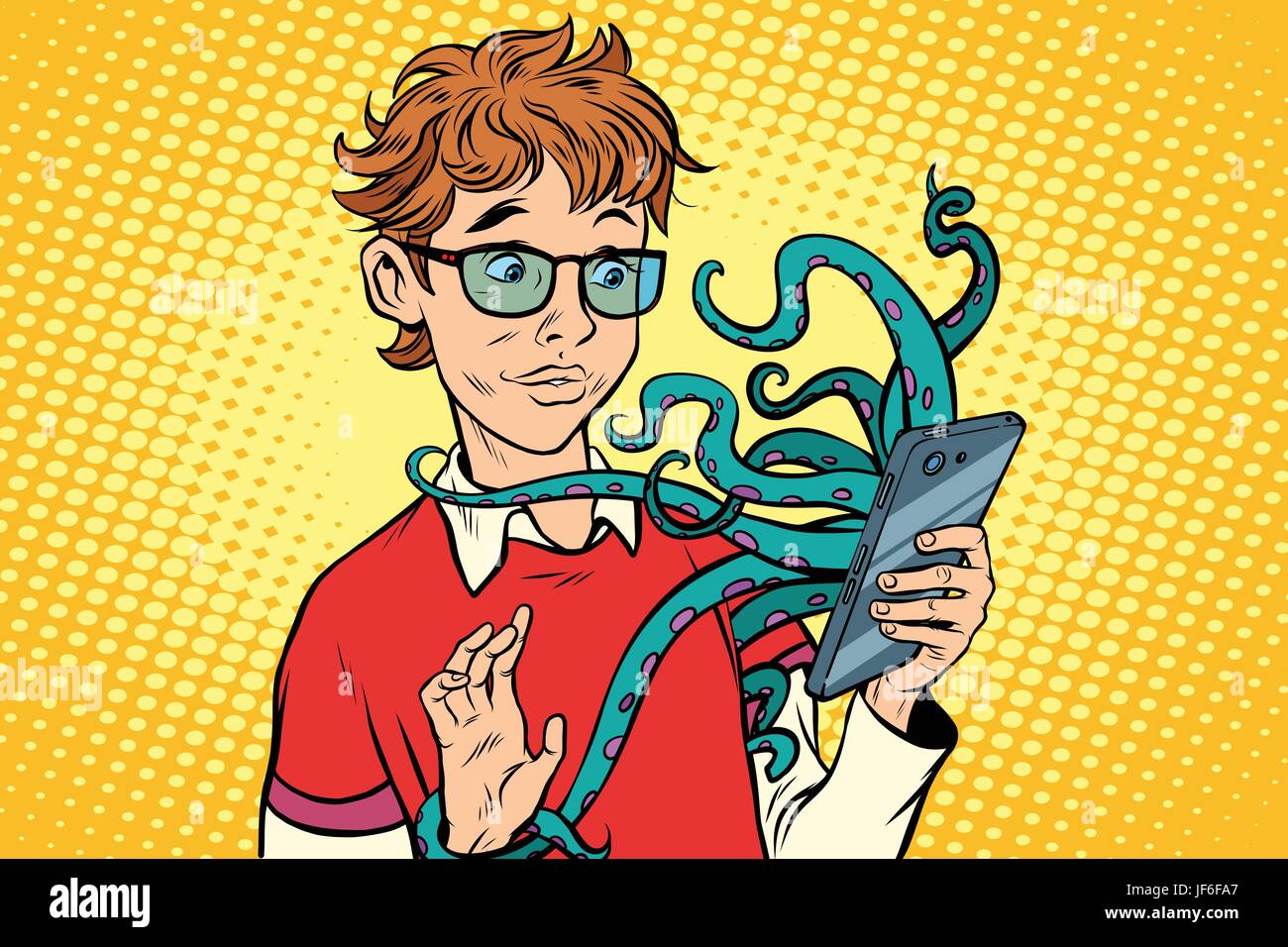 Ado et le poulpe dans le smartphone, en ligne danger Illustration de Vecteur
