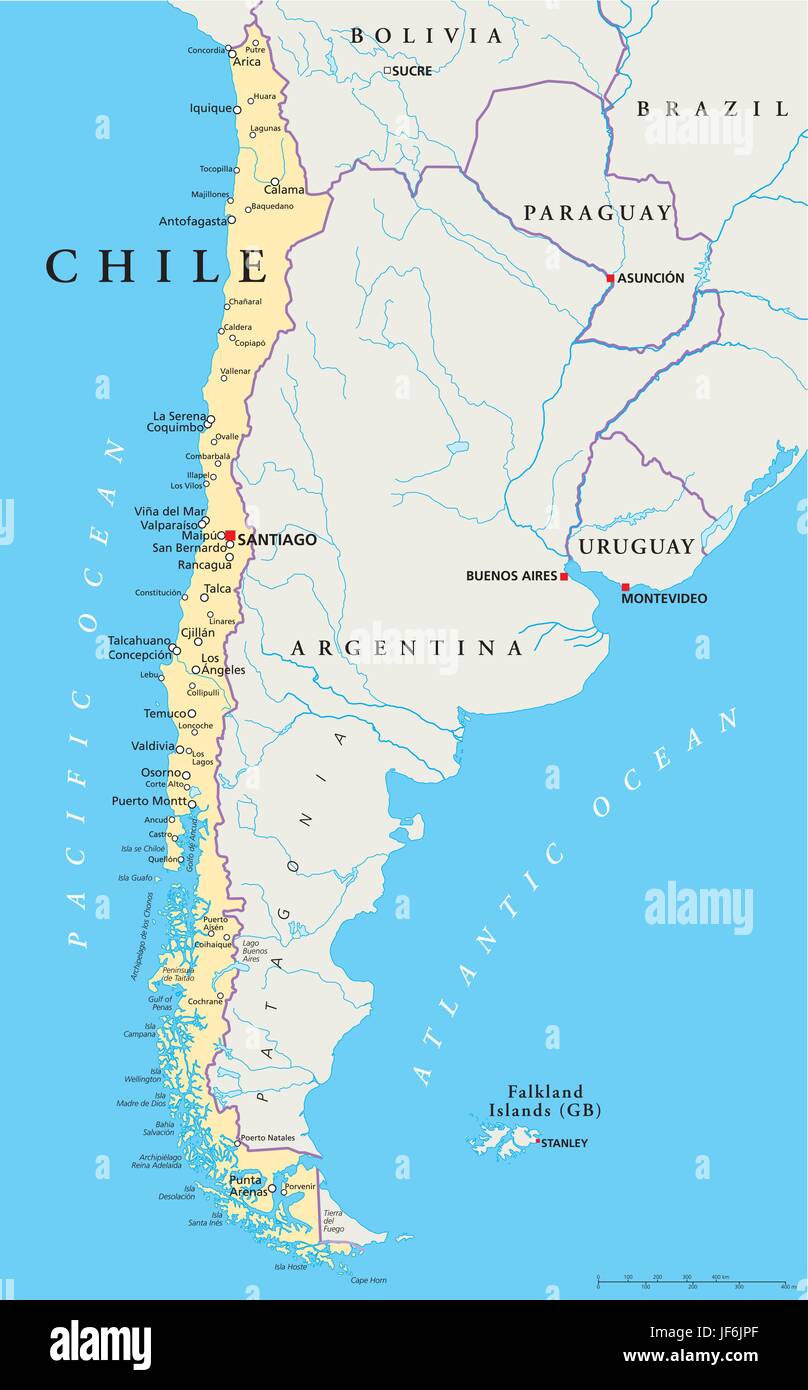 Le Chili, l'Amérique du Sud, carte, atlas, carte du monde, l'Argentine, l'océan Atlantique, Illustration de Vecteur