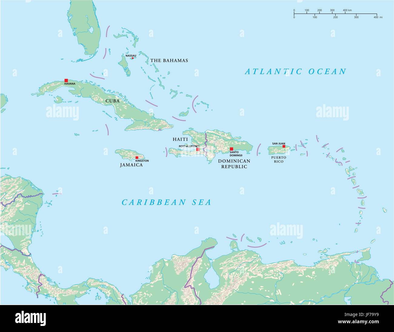 Cuba, Jamaïque, Caraïbes, Haïti, carte, atlas, carte du monde, de l'océan Atlantique, Illustration de Vecteur