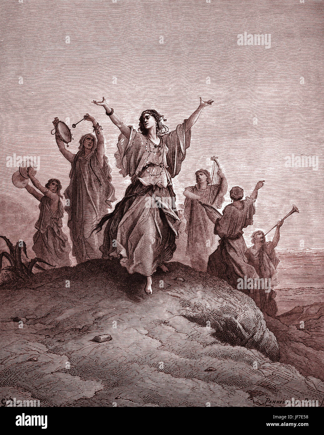 Le SISP i, fille de Jephtha, allant vers son père pour être sacrifié. Scène biblique de l'Ancien Testament Livre des Juges (Jephtha a été l'un des juges d'Israël). Gravure sur bois par Gustave Doré (1832 - 1883). L'Oratorio de Haendel : 'Jephtha" (son dernier oratorio, 1751). Le tambourin, les cymbales, lyre (harpe), klaxon et instrument à cordes. Banque D'Images
