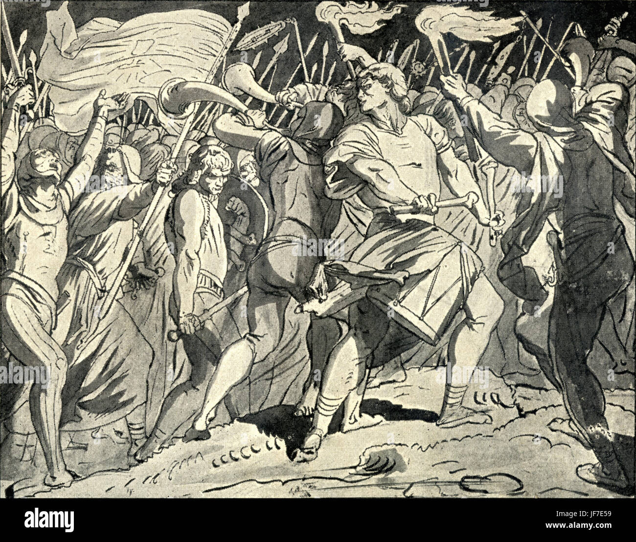 Chanson "militaire" (Chant Militaire) par Josef Mánes, 1820-1871, peintre et illustrateur tchèque, qui a travaillé principalement à Prague. Liées à l'Thabor' par le compositeur tchèque Bedřich Smetana, 2 mars 1824-12 mai 1884. (B/W). Montée du nationalisme tchèque. Banque D'Images