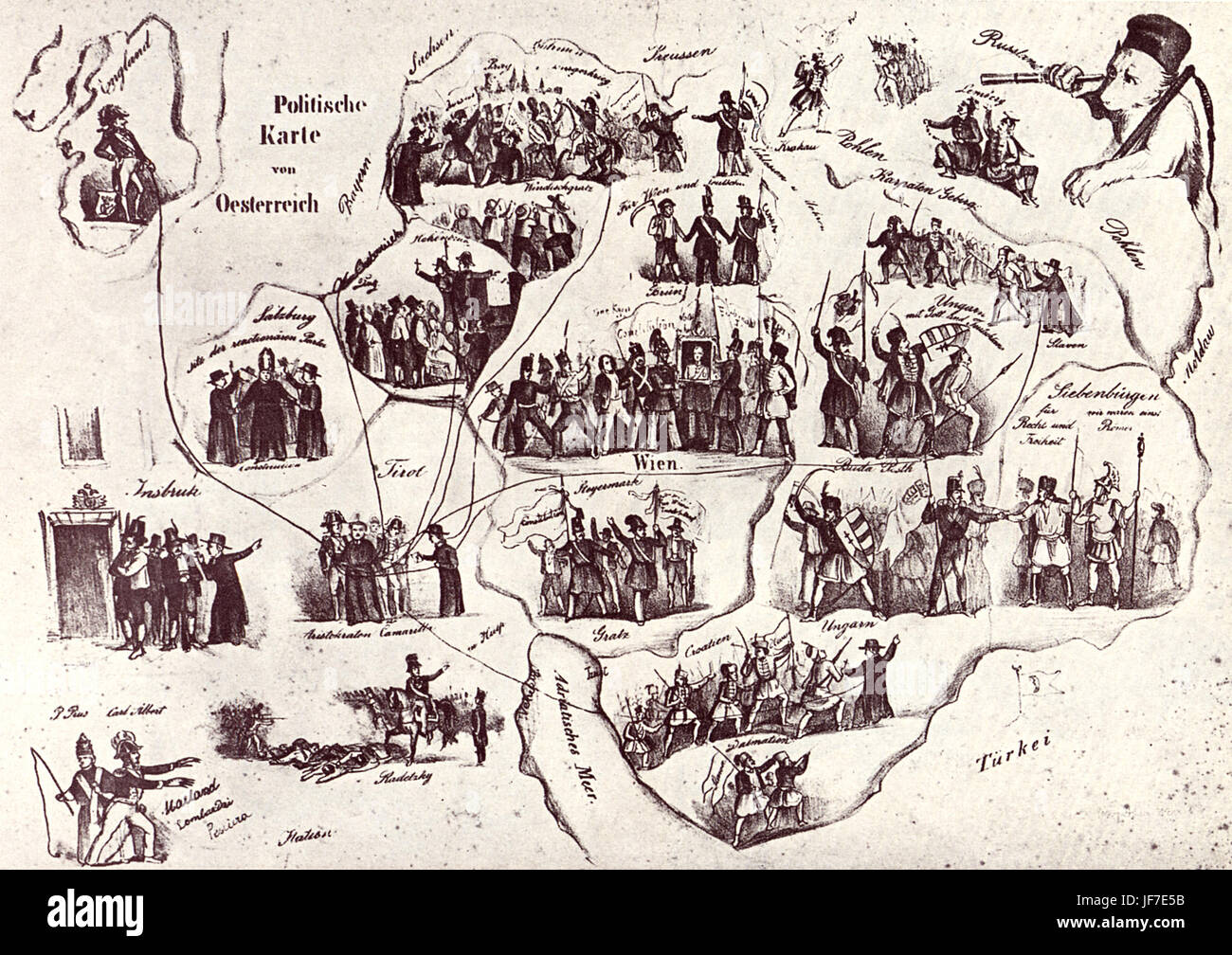 Carte politique de l'Empire austro-hongrois, vers l'heure du soulèvement de la fin des années 1840. L'image représente le statut politique et des troubles dans différentes parties de l'Empire. Banque D'Images