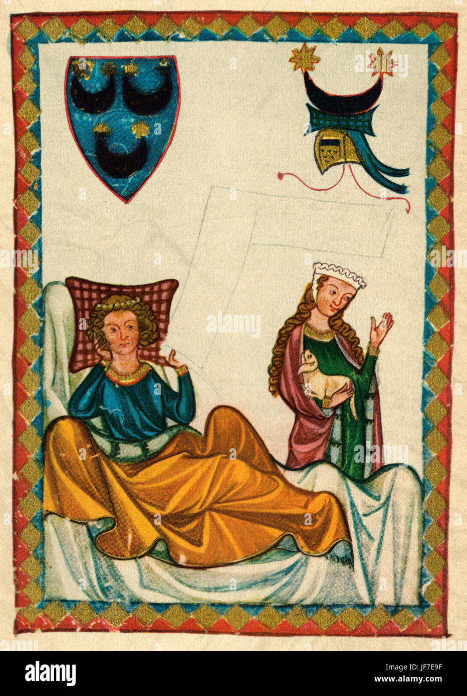 Heinrich von Morungen (c.1150-1222). - Le Minnesinger, ou l'amour courtois allemand médiéval, poète avec sa dame. Illustration à partir de la Commission du Codex Manesse ou grosse Heidelberger Liederhandschrift, par Rudiger Manesse et son fils Johannes. Miniature. Folio 76v. Université de Heidelberg. Bibliothèque. Banque D'Images