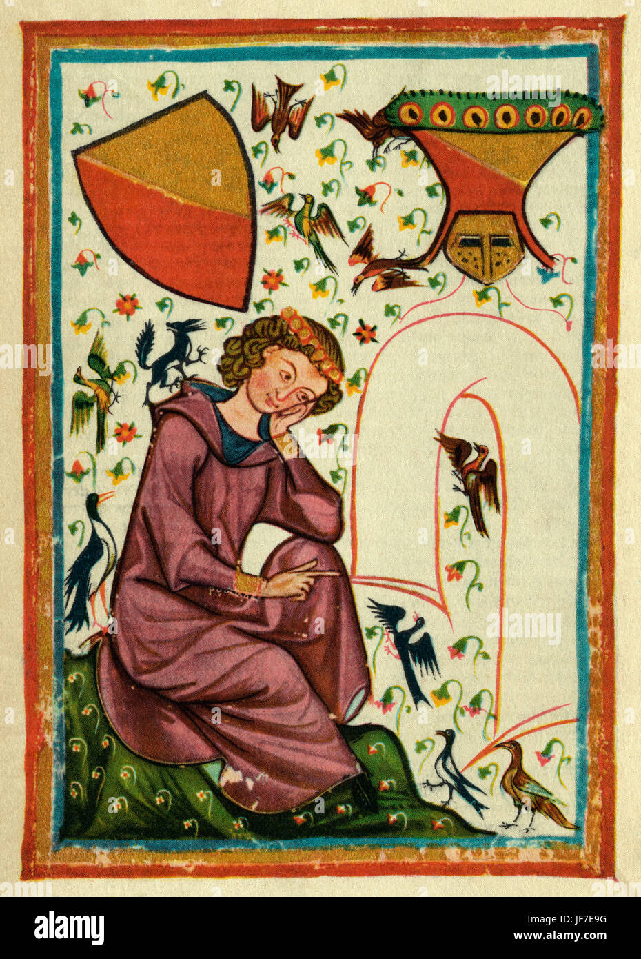 Heinrich von Veldeke (c.1140/1150-avant 1210) - portrait de l'Minnesinger, ou l'amour courtois allemand médiéval poète. Illustration à partir de la Commission du Codex Manesse ou grosse Heidelberger Liederhandschrift,ca, 1300 par Rudiger Manesse et son fils Johannes.Université de Heidelberg. Bibliothèque. Banque D'Images