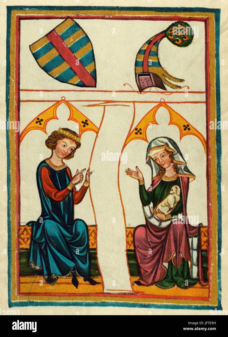 Reinmar der Alte - le Minnesinger, ou l'amour courtois allemand médiéval poète..d. 1210) lire une ligne d'un poème à son bien-aimé. Le Codex Manesse (ca.1300) ou grosse Heidelberger Liederhandschrift par Rudiger Manesse et son fils Johannes. Folio 98r. Université de Heidelberg Reinmar von Hagenau, Banque D'Images